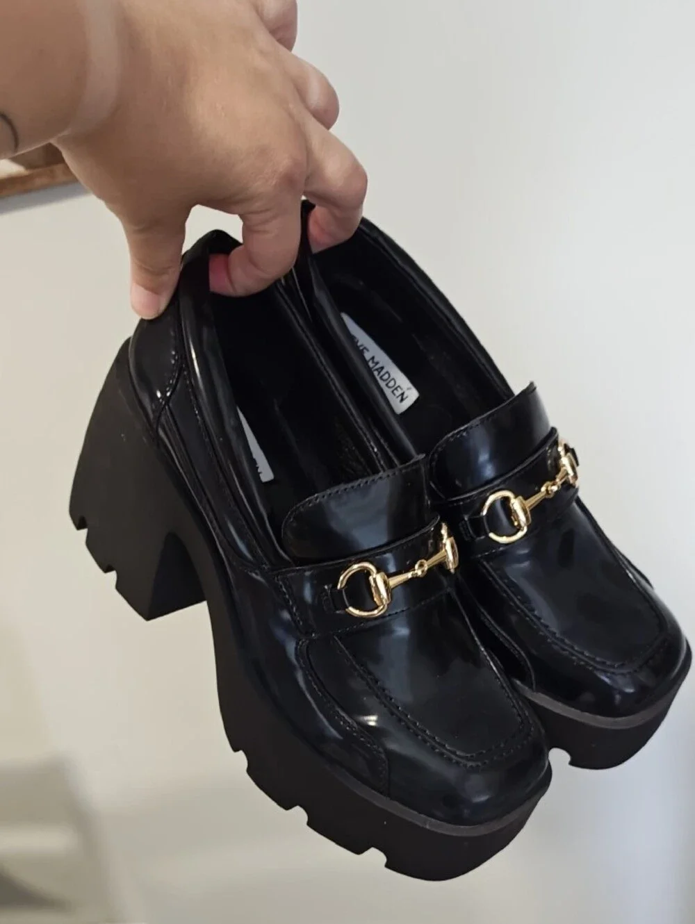 Steve Madden Penelope Black Patent Platform Loafer with Gold Bit